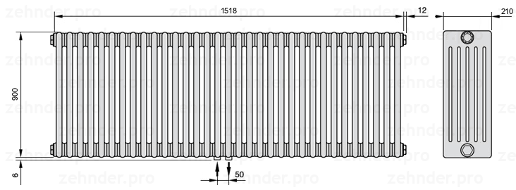 Схема (чертеж) Радиатор Zehnder Charleston 6090/33 №3470 Белый глянцевый RAL 9016